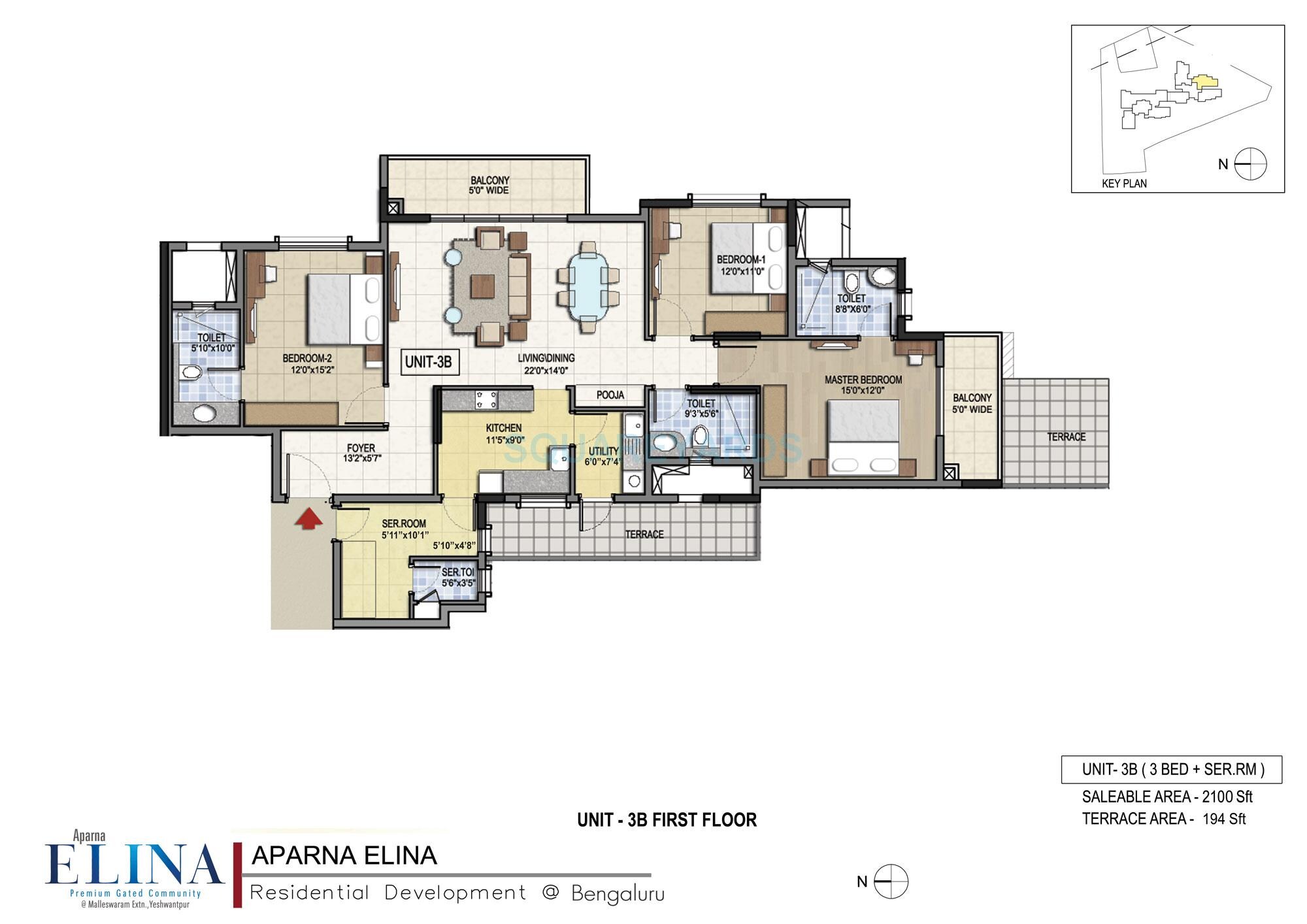 Floor plan of 3 BHK 2100 Sq. Ft. Apartment in Aparna Elina, Bangalore