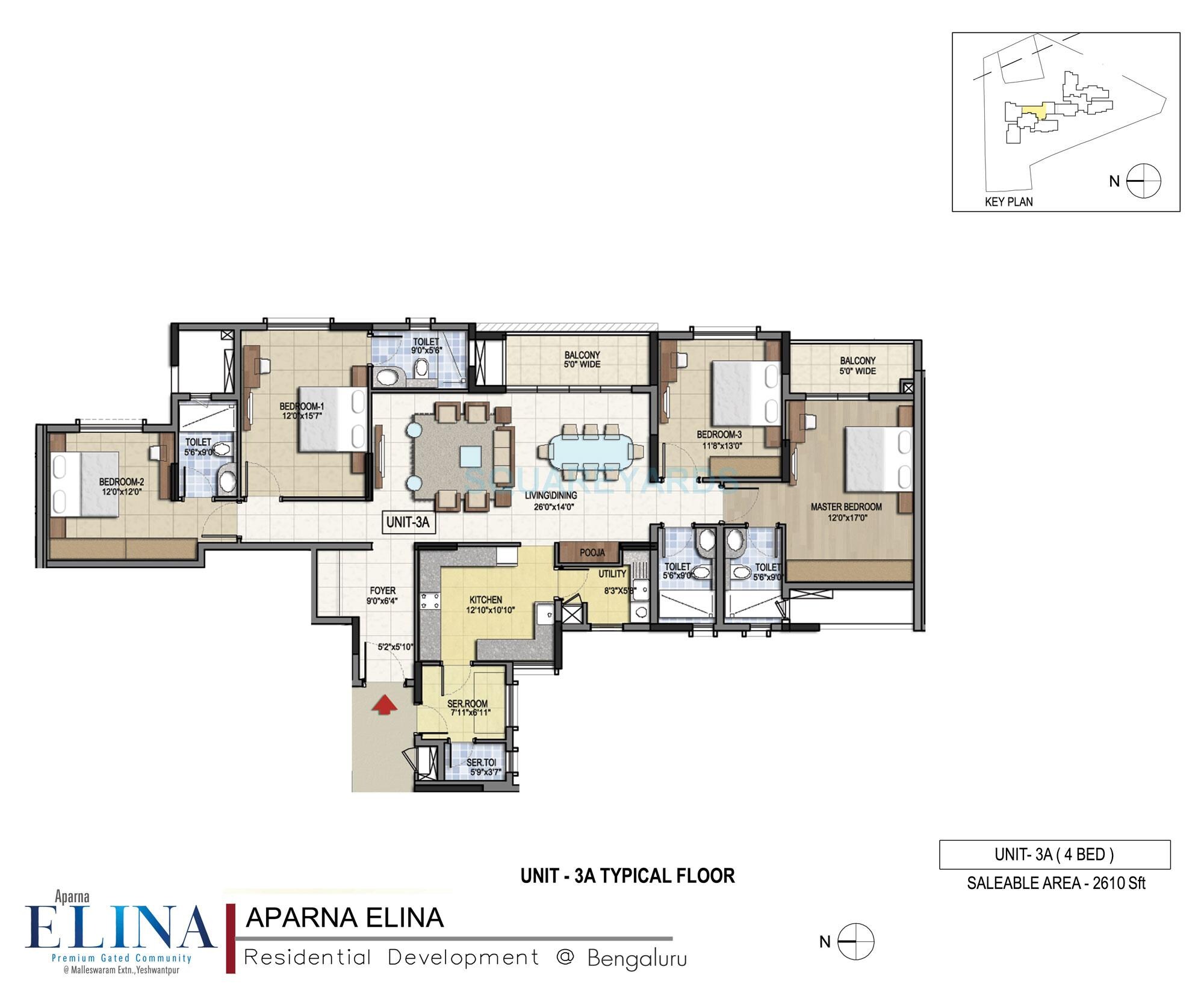 Floor plan of 4 BHK 2610 Sq. Ft. Apartment in Aparna Elina, Bangalore