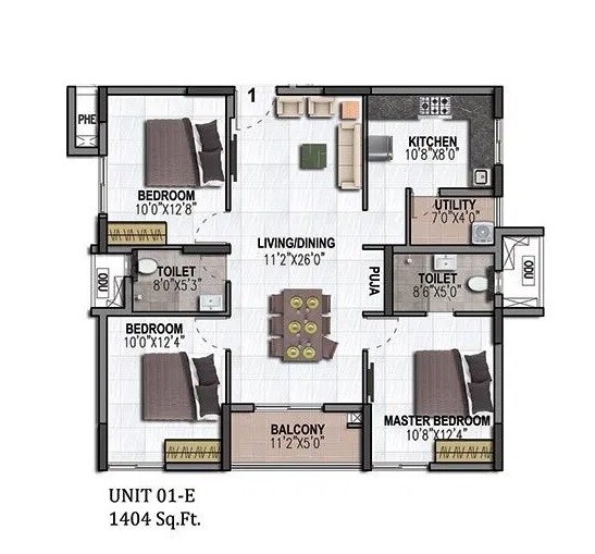 Floor plan of 3 BHK 1404 Sq. Ft. Apartment in Aparna Maple, Bangalore