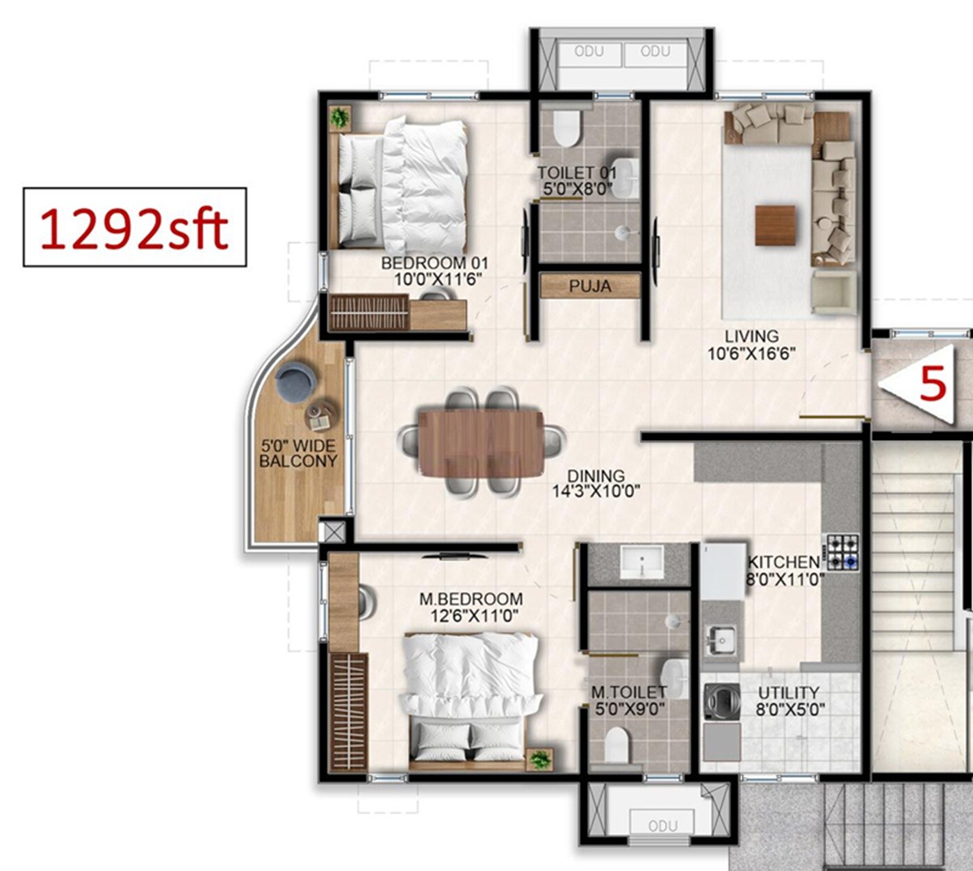 Floor plan of 2 BHK 1292 Sq. Ft. Apartment in Aparna Wonderwoods, Bangalore