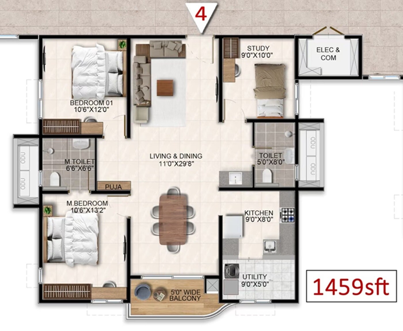Floor plan of 2 BHK 1459 Sq. Ft. Apartment in Aparna Wonderwoods, Bangalore
