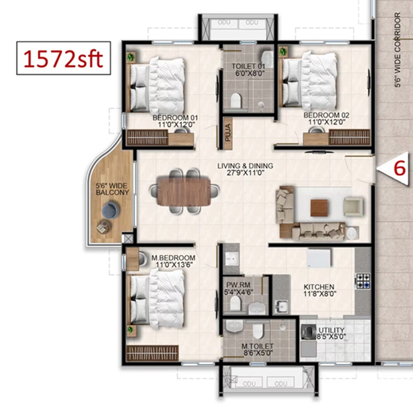 Floor plan of 3 BHK 1572 Sq. Ft. Apartment in Aparna Wonderwoods, Bangalore