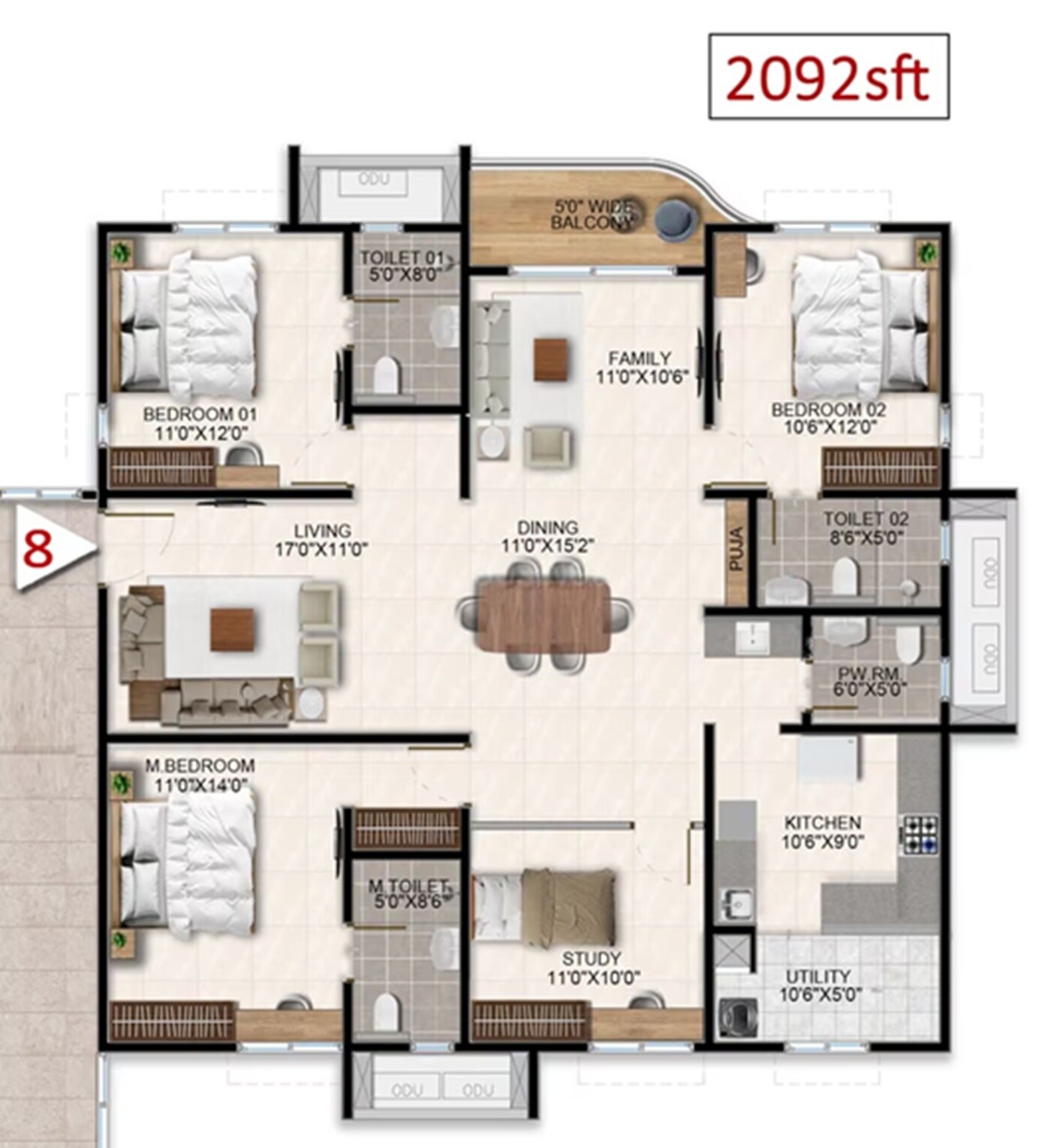 Floor plan of 3 BHK 2092 Sq. Ft. Apartment in Aparna Wonderwoods, Bangalore