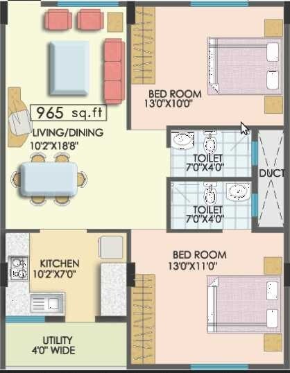 Floor plan of 2 BHK 965 Sq. Ft. Apartment in Apoorva Dew Drops, Bangalore