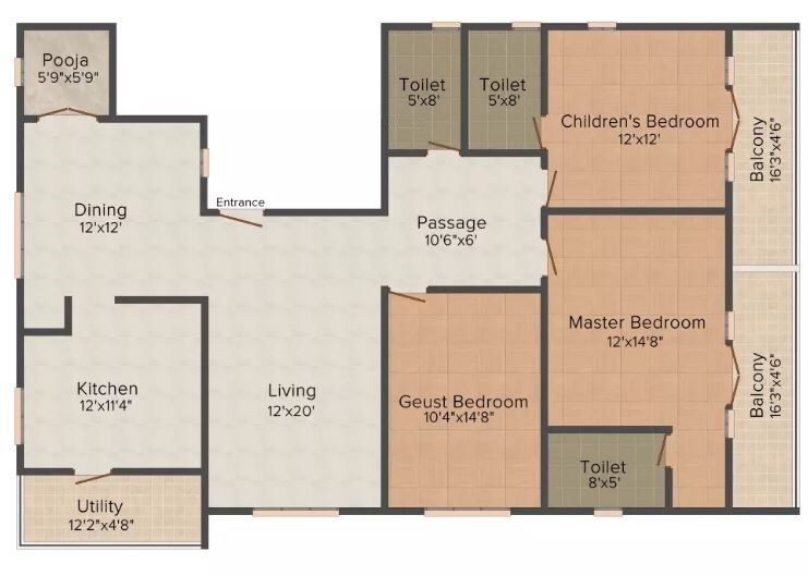 Floor plan of 3 BHK 1861 Sq. Ft. Apartment in Apranje Elan, Bangalore
