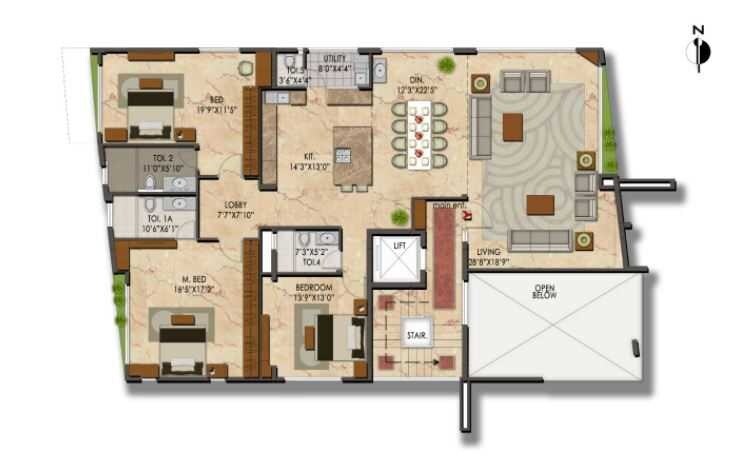 Floor plan of 3 BHK 1200 Sq. Ft. Apartment in Apranje Upscale, Bangalore
