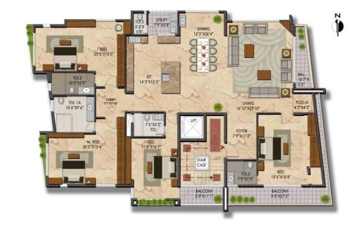 Floor plan of 4 BHK 1300 Sq. Ft. Apartment in Apranje Upscale, Bangalore