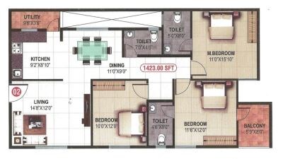 Floor plan of 3 BHK 1423 Sq. Ft. Apartment in AR Signature Sai Nandanam, Bangalore