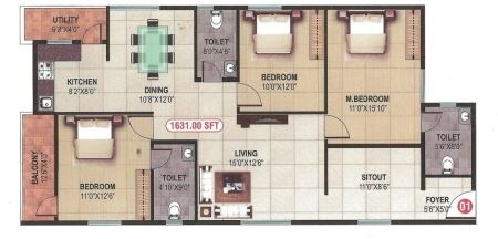 Floor plan of 3 BHK 1631 Sq. Ft. Apartment in AR Signature Sai Nandanam, Bangalore