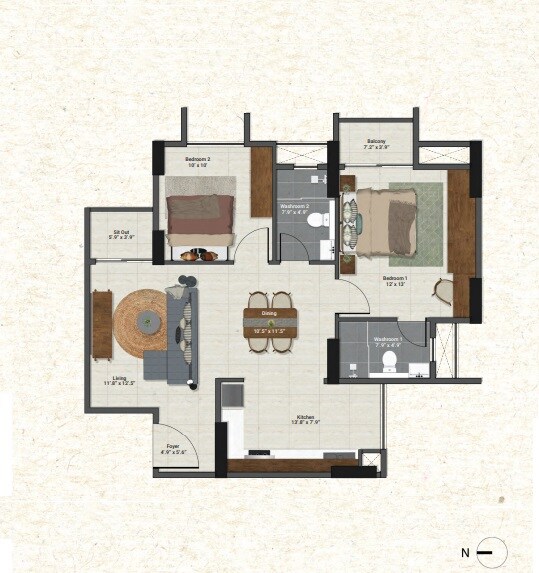 Floor plan of 2 BHK 1142 Sq. Ft. Apartment in Aratt Alchemy Elixir, Bangalore