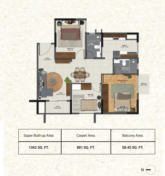 Floor plan of 3 BHK 1342 Sq. Ft. Apartment in Aratt Alchemy Elixir, Bangalore