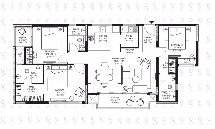 Floor plan of 3 BHK 1460 Sq. Ft. Apartment in Aratt Alchemy One, Bangalore