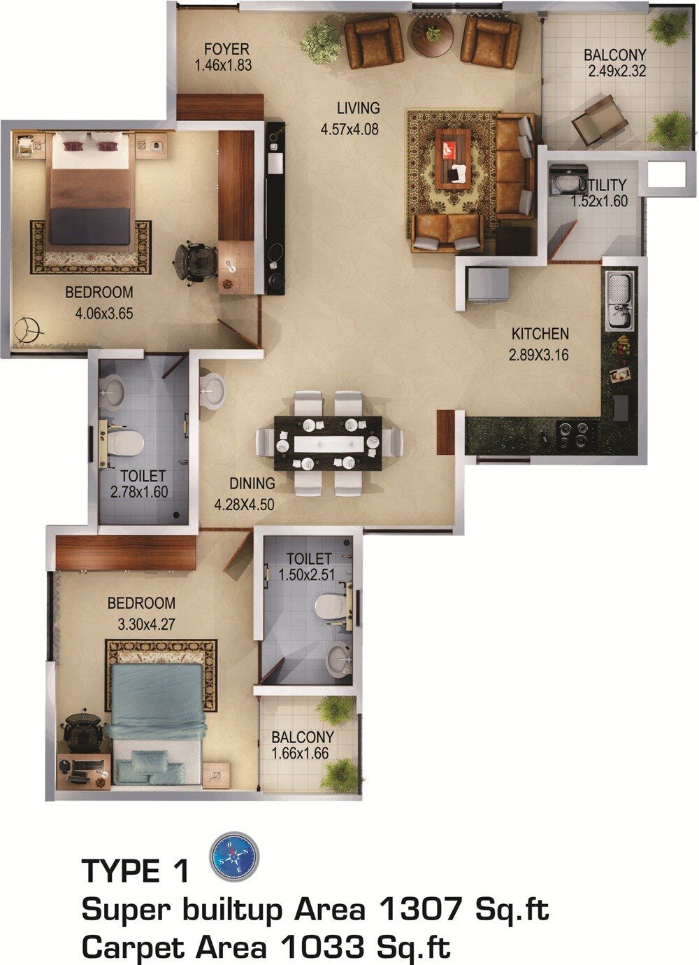 Floor plan of 2 BHK 1307 Sq. Ft. Apartment in Aratt Firenza, Bangalore