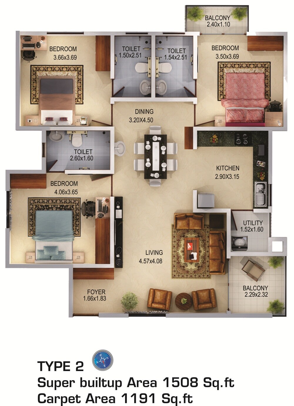 Floor plan of 3 BHK 1508 Sq. Ft. Apartment in Aratt Firenza, Bangalore