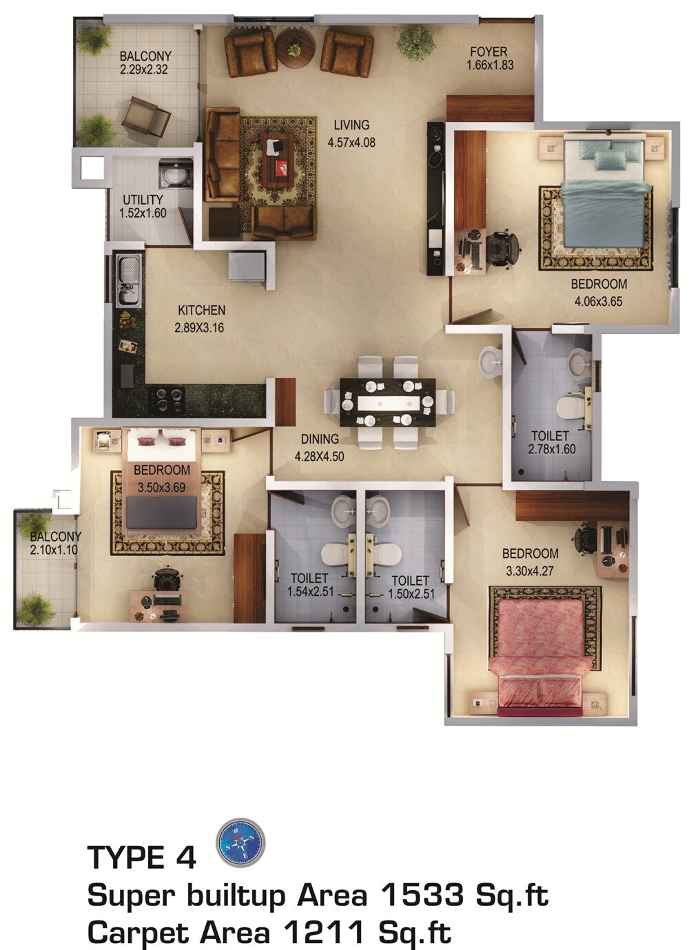 Floor plan of 3 BHK 1533 Sq. Ft. Apartment in Aratt Firenza, Bangalore