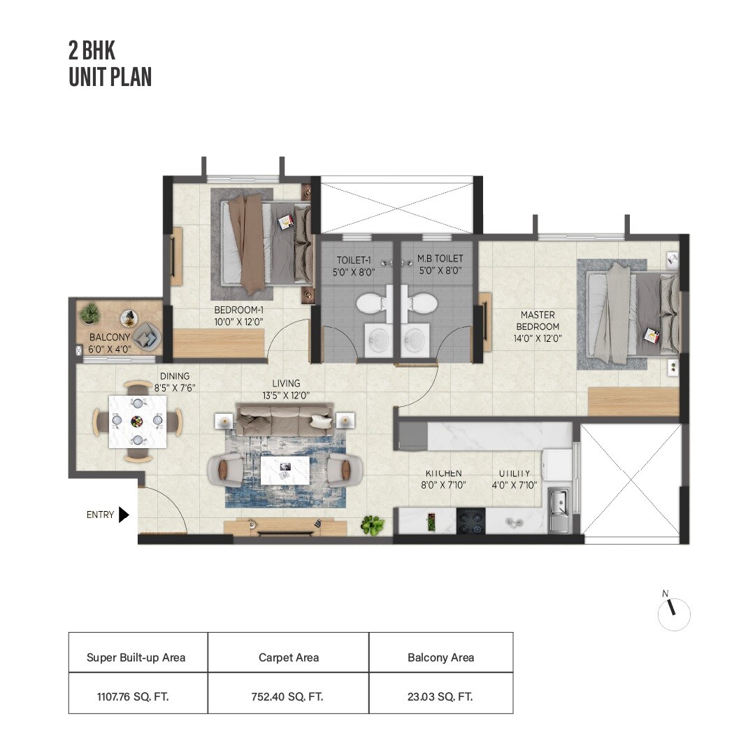 Floor plan of 2 BHK 1108 Sq. Ft. Apartment in Aratt Avant Twilight, Bangalore