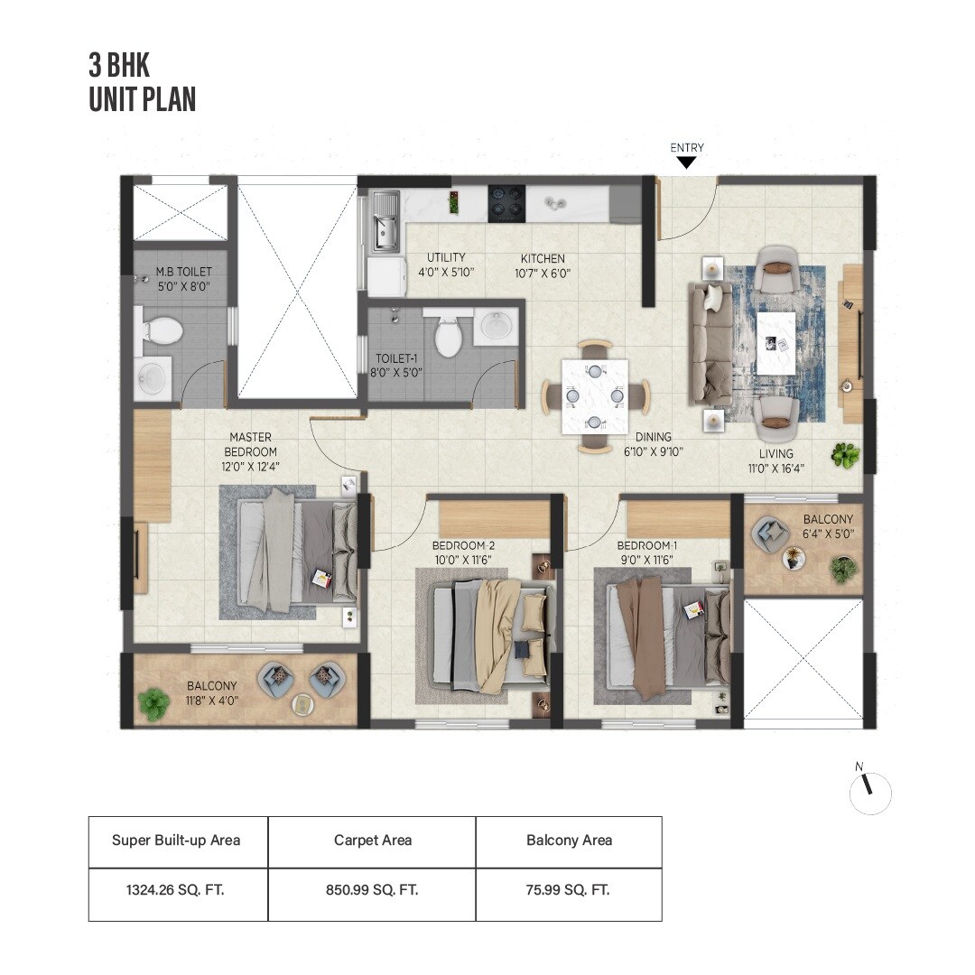 Floor plan of 3 BHK 1324 Sq. Ft. Apartment in Aratt Avant Twilight, Bangalore
