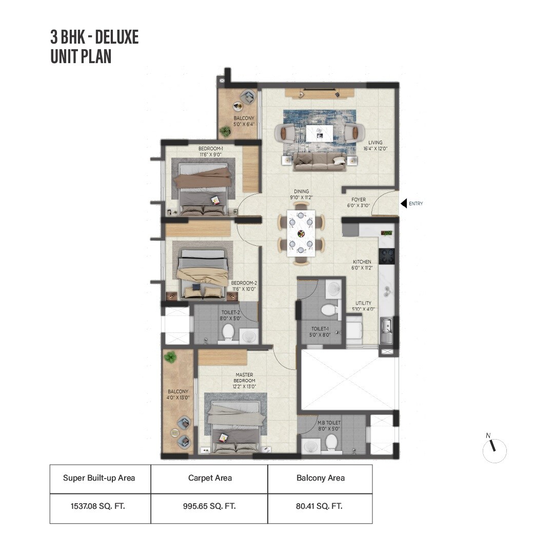 Floor plan of 3 BHK 1537 Sq. Ft. Apartment in Aratt Avant Twilight, Bangalore