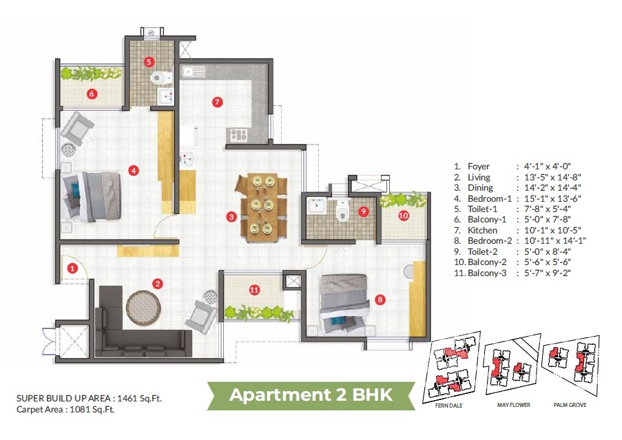 Floor plan of 2 BHK 1461 Sq. Ft. Apartment in Aratt Cityscape, Bangalore