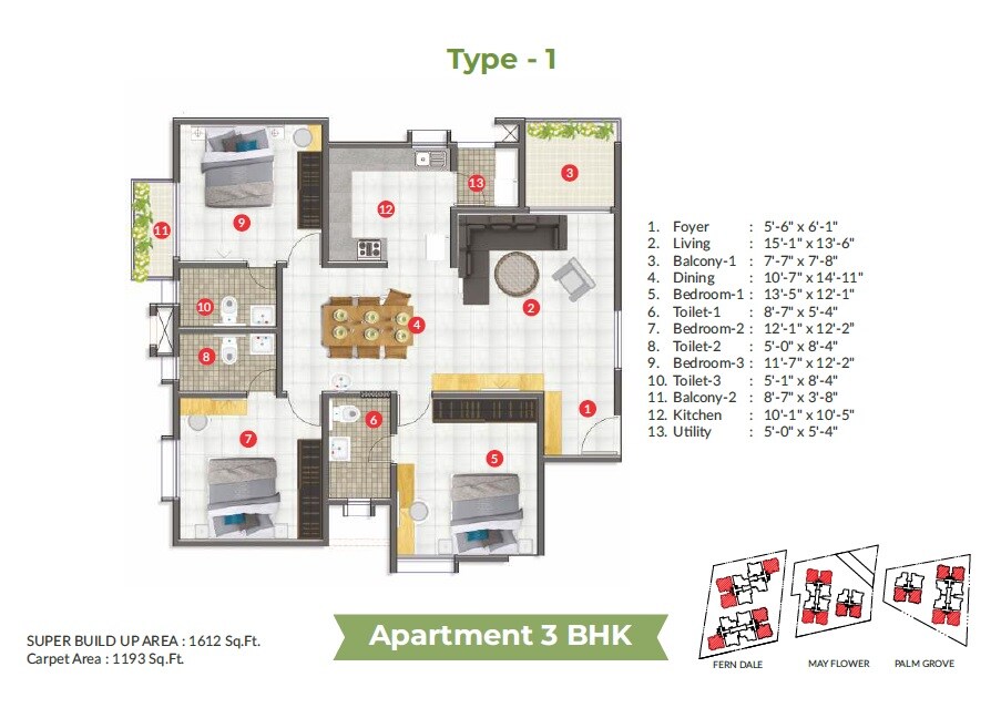 Floor plan of 3 BHK 1612 Sq. Ft. Apartment in Aratt Cityscape, Bangalore