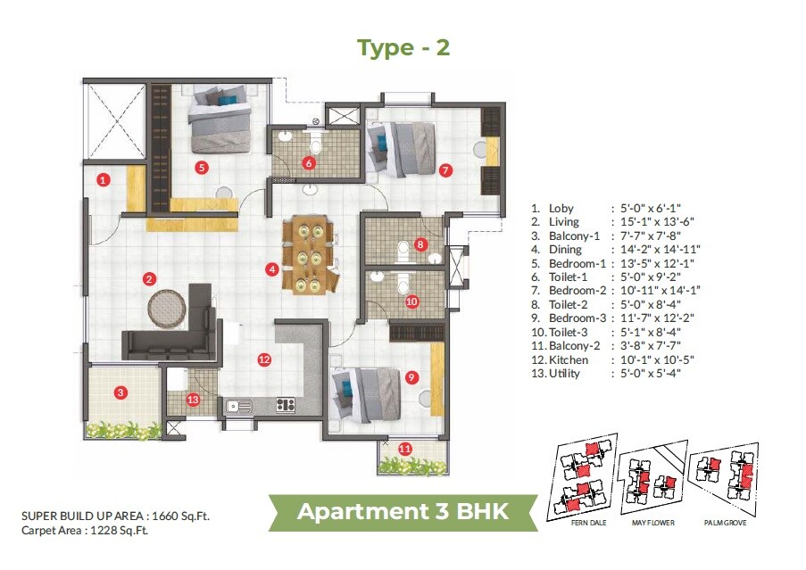 Floor plan of 3 BHK 1660 Sq. Ft. Apartment in Aratt Cityscape, Bangalore