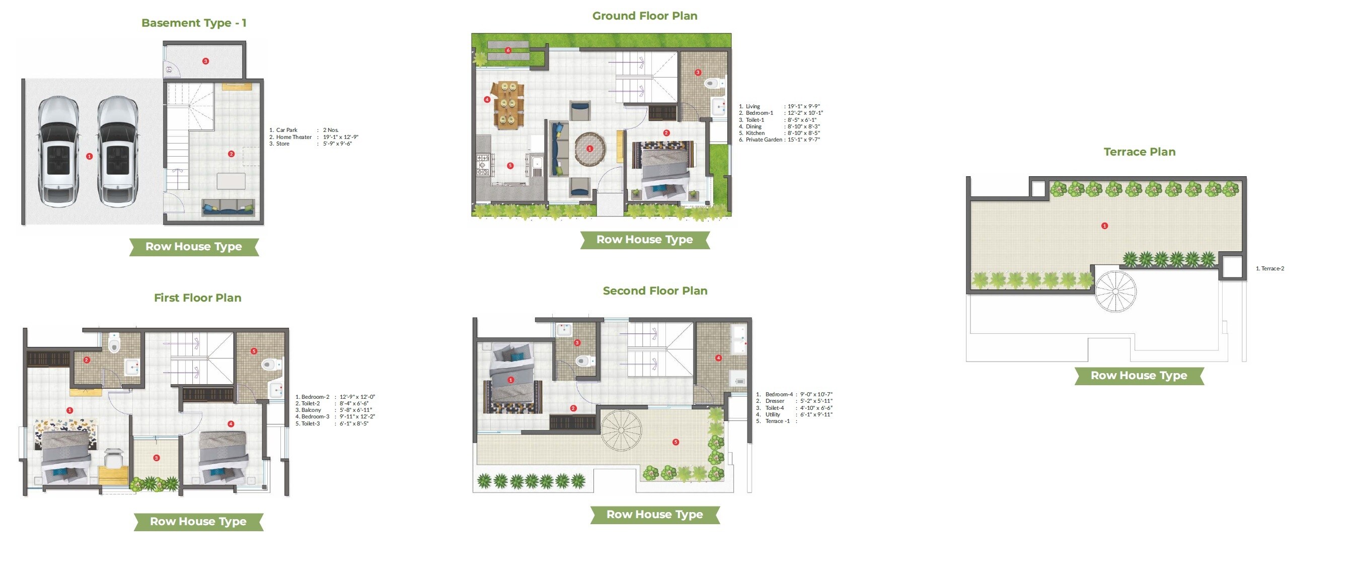 Floor plan of 4 BHK 2100 Sq. Ft. Row House in Aratt Cityscape, Bangalore