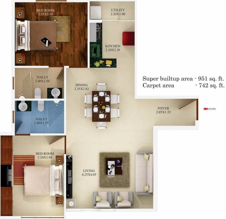 2 BHK 951 Sq. Ft. Apartment