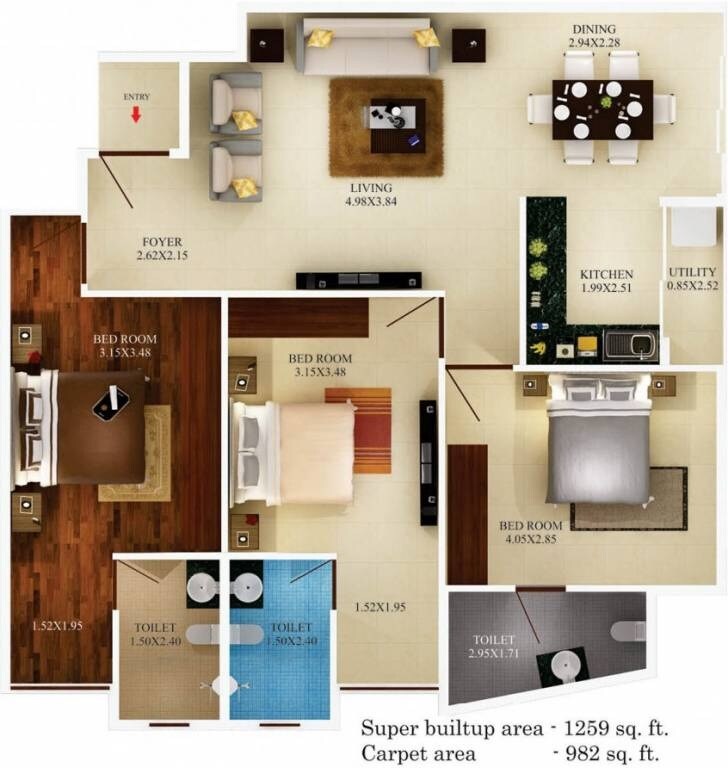 3 BHK 1259 Sq. Ft. Apartment