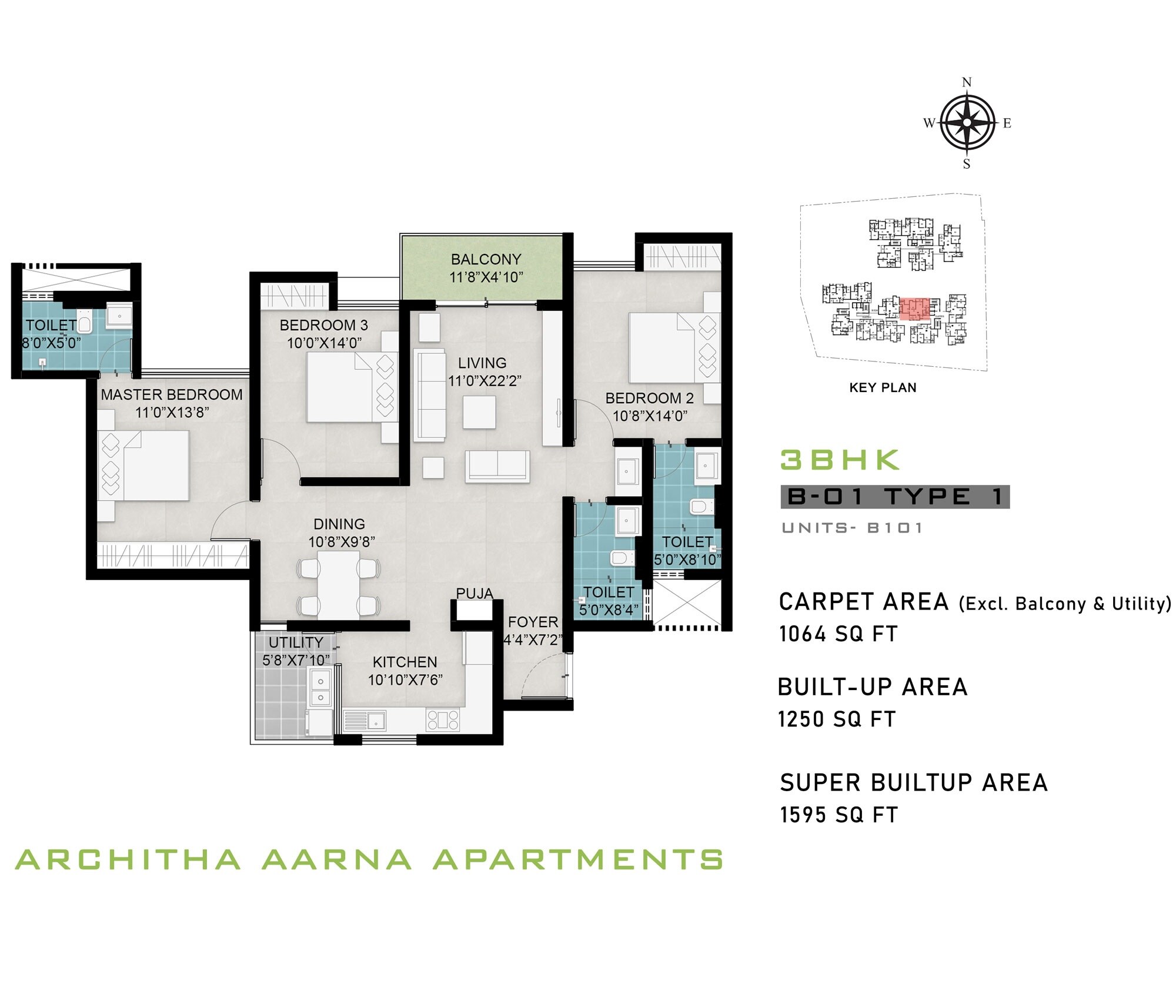 Floor plan of 2 BHK 1595 Sq. Ft. Apartment in Architha Aarna, Bangalore