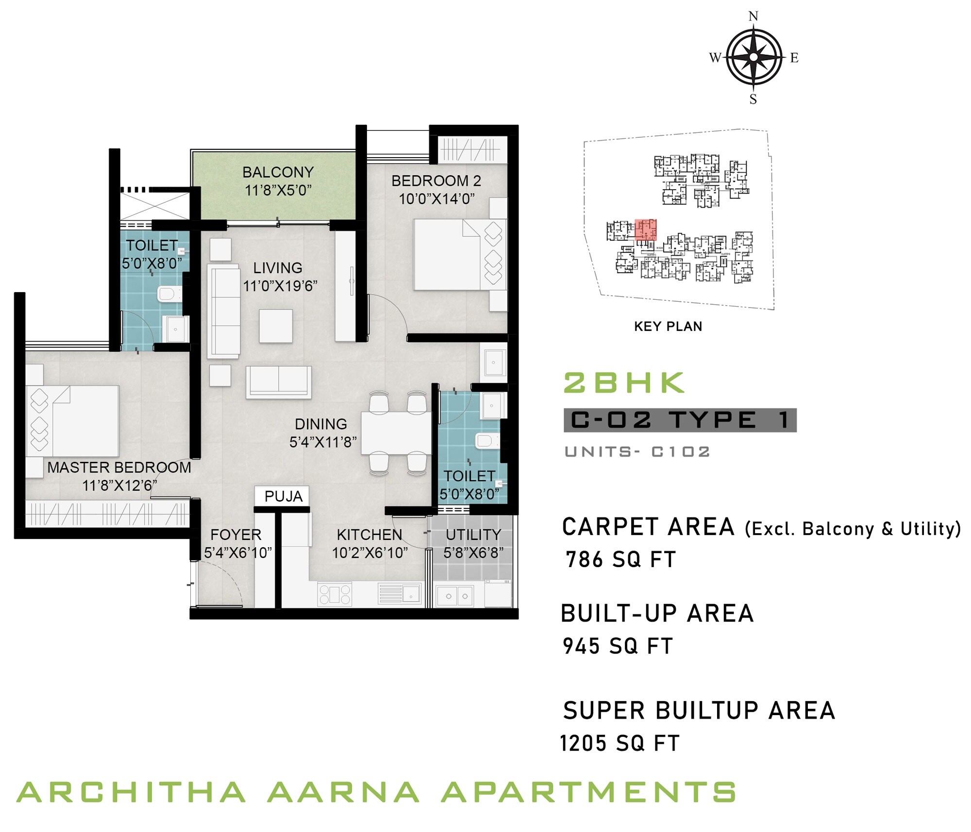 Floor plan of 2 BHK 1205 Sq. Ft. Apartment in Architha Aarna, Bangalore