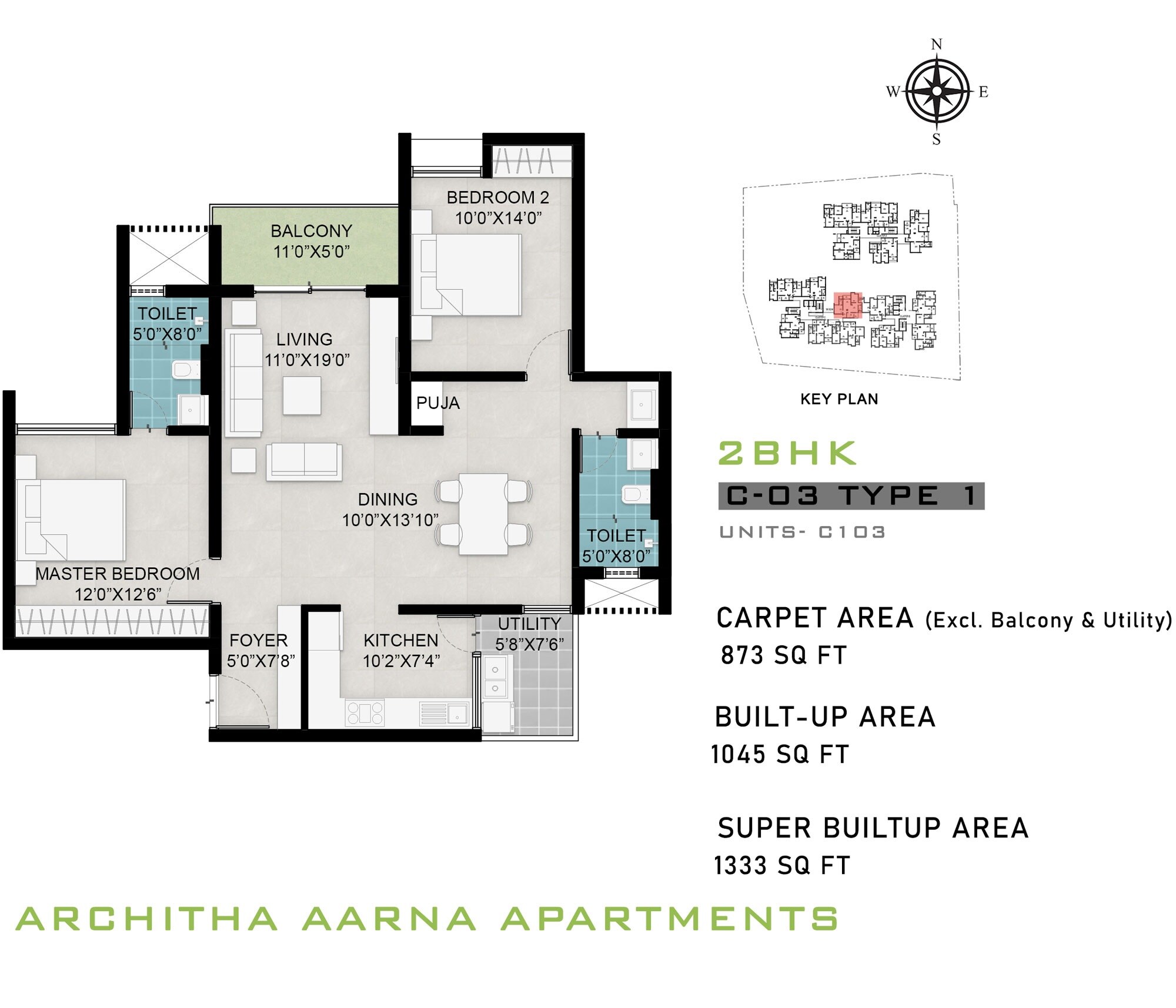 Floor plan of 2 BHK 1333 Sq. Ft. Apartment in Architha Aarna, Bangalore
