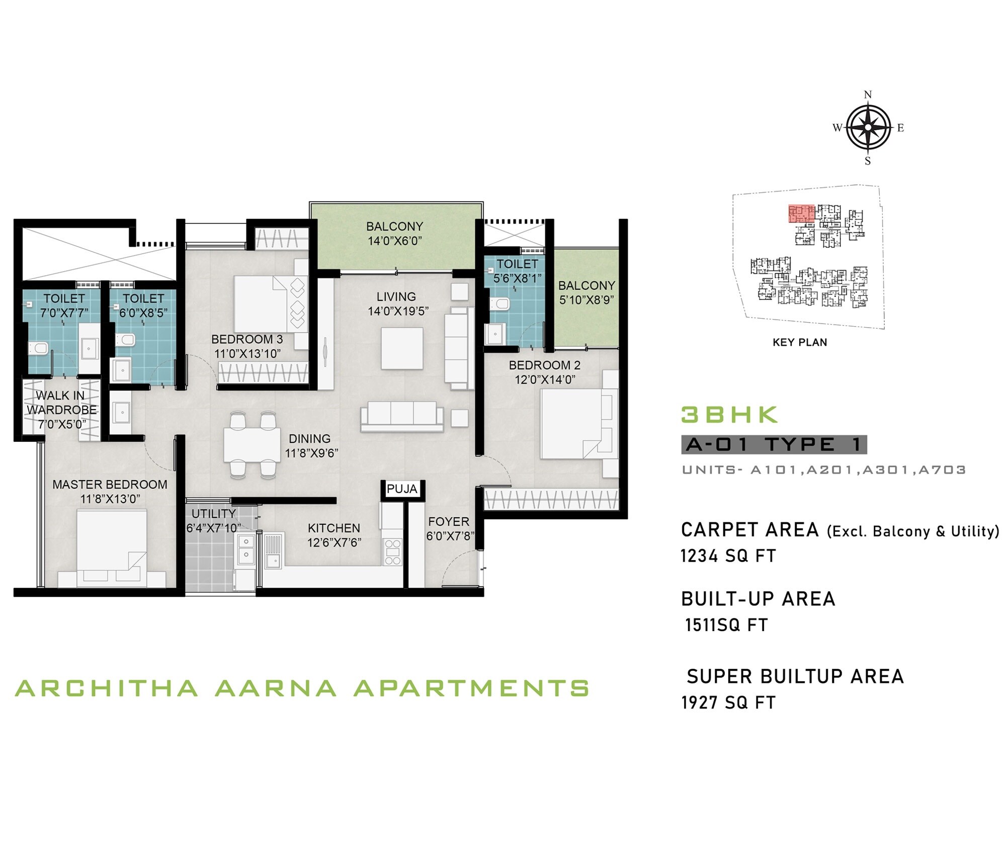 Floor plan of 3 BHK 1927 Sq. Ft. Apartment in Architha Aarna, Bangalore