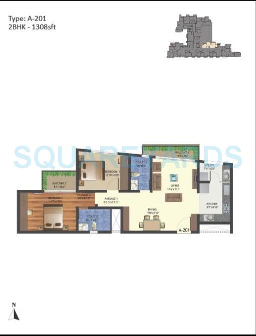 Floor plan of 2 BHK 1308 Sq. Ft. Apartment in Arge Realty Helios, Bangalore