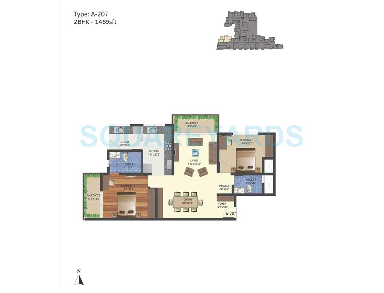 Floor plan of 2 BHK 1469 Sq. Ft. Apartment in Arge Realty Helios, Bangalore