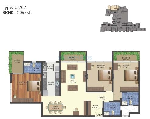 Floor plan of 3 BHK 2068 Sq. Ft. Apartment in Arge Realty Helios, Bangalore