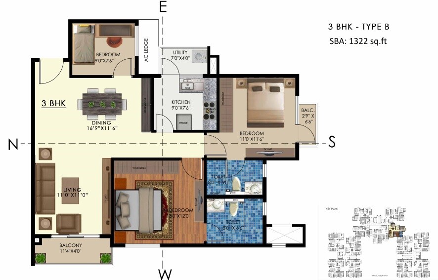 Floor plan of 3 BHK 1322 Sq. Ft. Apartment in Arge Urban Bloom, Bangalore