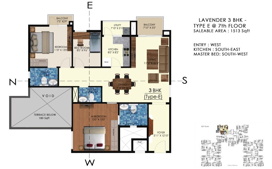 Floor plan of 3 BHK 1513 Sq. Ft. Apartment in Arge Urban Bloom, Bangalore