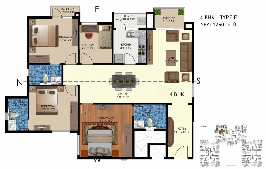 Floor plan of 4 BHK 1760 Sq. Ft. Apartment in Arge Urban Bloom, Bangalore