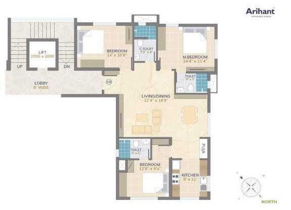 Floor plan of 3 BHK 1470 Sq. Ft. Apartment in Arihant Vilaya, Bangalore