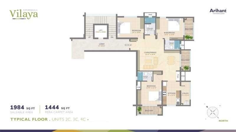 Floor plan of 3 BHK 1984 Sq. Ft. Apartment in Arihant Vilaya, Bangalore