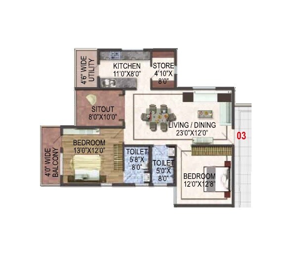 Floor plan of 2 BHK 1185 Sq. Ft. Apartment in ARK Cloud City, Bangalore