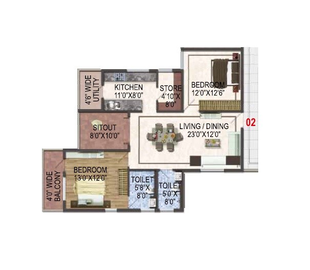 Floor plan of 2 BHK 1270 Sq. Ft. Apartment in ARK Cloud City, Bangalore