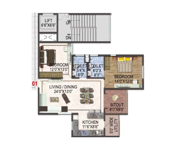 Floor plan of 2 BHK 1320 Sq. Ft. Apartment in ARK Cloud City, Bangalore