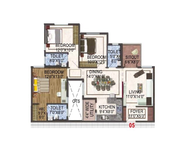 Floor plan of 3 BHK 1495 Sq. Ft. Apartment in ARK Cloud City, Bangalore