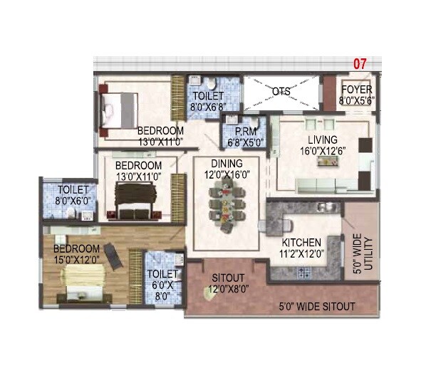 Floor plan of 3 BHK 1650 Sq. Ft. Apartment in ARK Cloud City, Bangalore