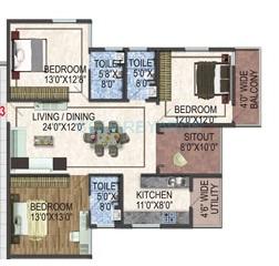 Floor plan of 3 BHK 1565 Sq. Ft. Apartment in ARK Cloud City, Bangalore