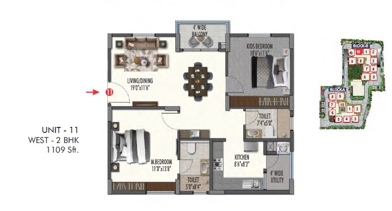 Floor plan of 2 BHK 1109 Sq. Ft. Apartment in ARK Oak Tree, Bangalore