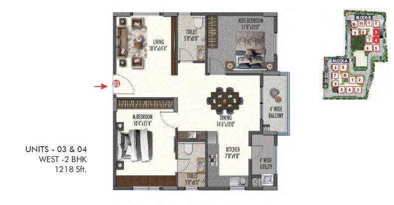 Floor plan of 2 BHK 1218 Sq. Ft. Apartment in ARK Oak Tree, Bangalore