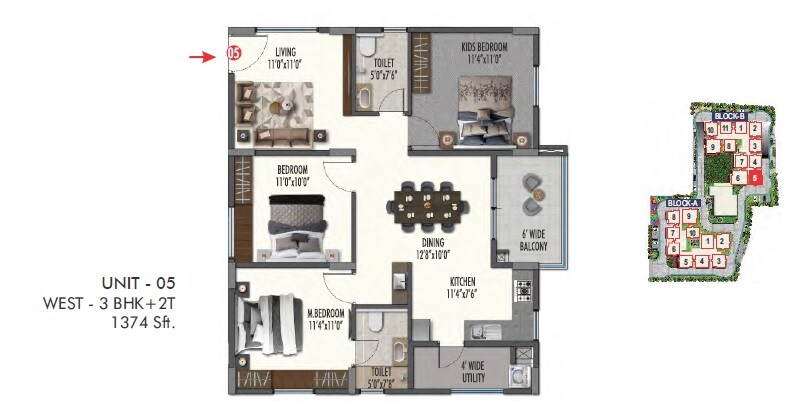 Floor plan of 3 BHK 1374 Sq. Ft. Apartment in ARK Oak Tree, Bangalore