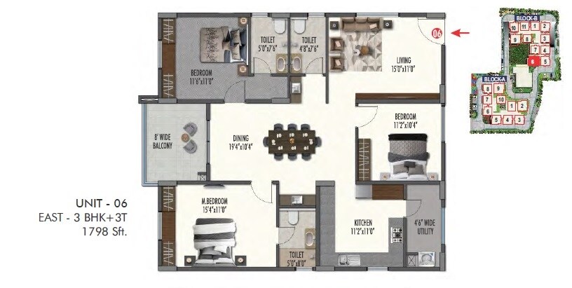Floor plan of 3 BHK 1798 Sq. Ft. Apartment in ARK Oak Tree, Bangalore